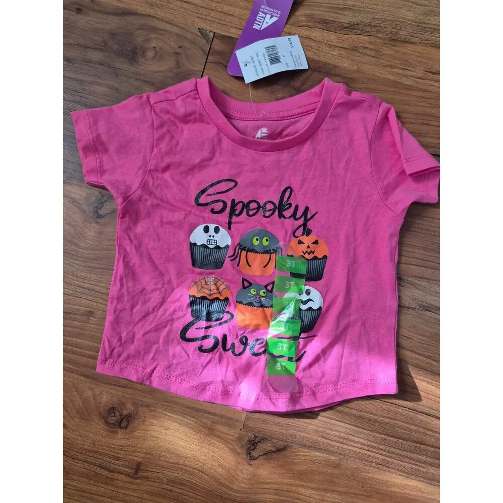 ADTN Girls Halloween Size 3T Tshirt Short Sleeve Crew Neck Pink Pumpkin 8212